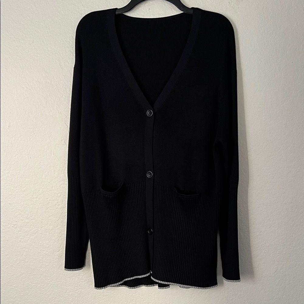 Like New! Aday Black Button-Up Cardigan with White Trim in Size XL